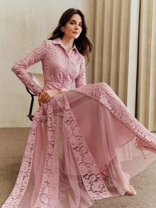 Anewsta New Elegant Chic Mesh & Contrast Lace Design Collar Long Sleeve Flared Dress, Suitable For Party, Wedding, Spring, Summer, Elegant, Valentine's Day, Carnival - Pink - View 1