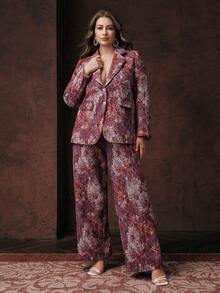 Anewsta 大码女式复古优雅修身提花图案连衣裙裤，适合秋季、冬季、新年穿着，优雅、别致、时尚，圣诞节、外出皆宜 - 紅色 - 查看 2