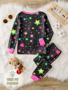 1套女婴夜光独角兽星星印花修身长袖睡衣套装，春秋季 - 黑色 - 查看 2