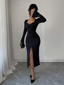 Rafferiza Elegant Pleated Waist Dress With Decorative Pearls, Palace Style For Evening Party And Daily Wear, Autumn/Winter - Black - View 5