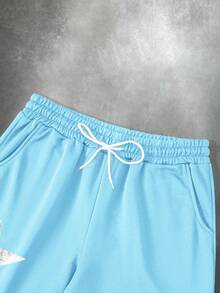 Manfinity EMRG Bộ 2 áo hoodie và quần nỉ in họa tiết đường phố thường ngày cho nam, trang phục mùa thu - Màu xanh nhạt - Xem 5