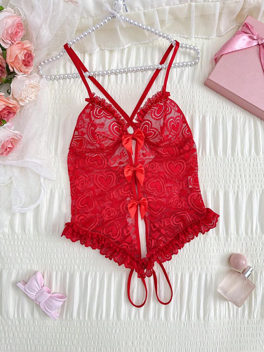 Women's Sexy Heart Lace Ruffle Crotchless Bodysuits - Red - View 1
