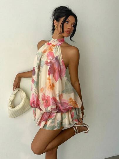 Aloruh Women's Elegant Light Yellow Halter Tie Mini Dress