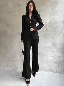 Firerie Bộ vest vest blazer phong cách cổ điển thanh lịch và quần ống loe ôm cho nữ - màu đen - Xem 6
