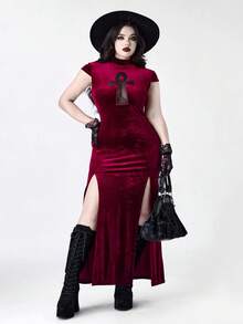 ROMWE Goth 大码女式哥特吸血鬼紧身古埃及十字架镂空高开衩连衣裙 - 酒紅色 - 查看 1