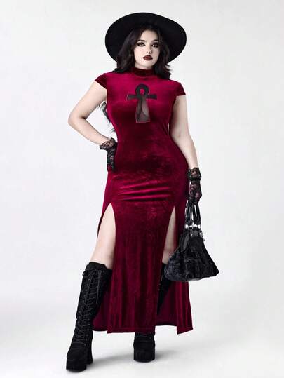 Goth Abito aderente da donna taglie forti, stile gotico vampiresco, con motivo egiziano antico, scollo a croce e spacco alto