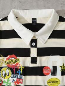 ROMWE MEN Prep 男士字母条纹印花短袖 Polo 衫，宽松版型 - 黑與白 - 查看 2