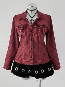 Sunspun 大码秋冬开襟牛仔印花假口袋长袖优雅复古休闲修身衬衫 - 酒紅色 - 查看 4