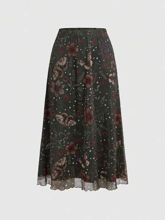 Gonna versatile e abbinabile con stampa floreale all-over di farfalle e falene in stile retrò fairycore per donna