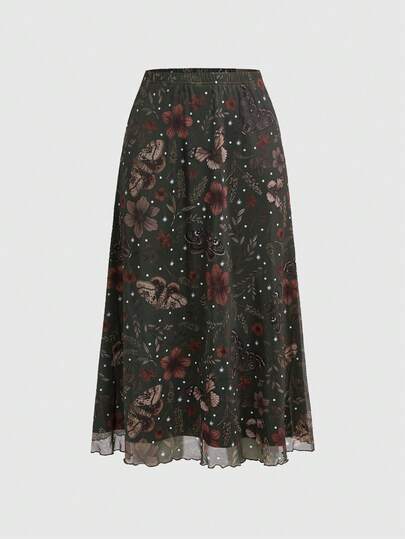 Fairycore Jupe polyvalente à imprimé floral tout-sur-tout avec papillons et papillons de nuit, style rétro féerique pour femmes