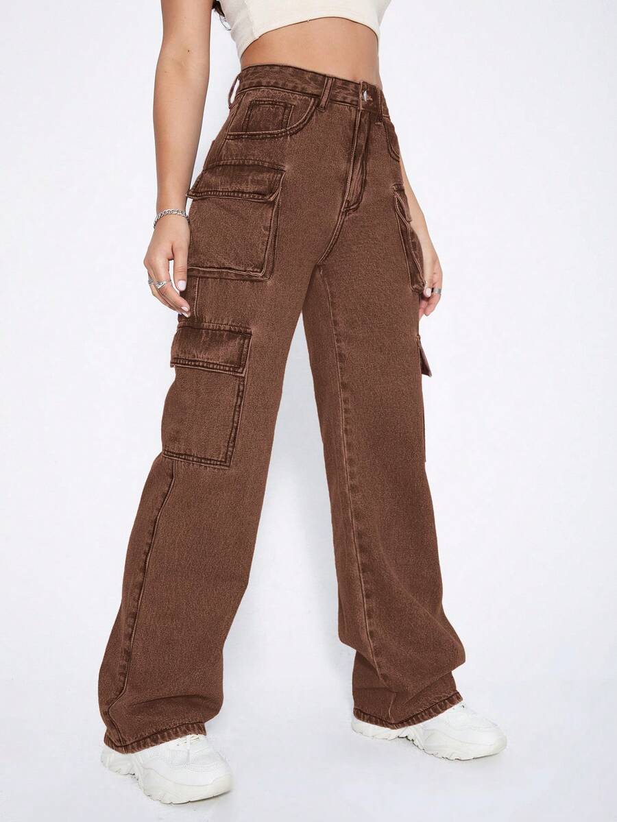 SHEIN ICON Y2K黑色高腰翻盖口袋工装磨毛面料保暖牛仔裤加厚牛仔布 - 咖啡棕 - 查看 1