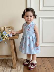 SHEIN Vintaside Kids 女婴可爱彩色格子无袖polo领连衣裙，适合夏季购物和户外玩耍 - 藍色 - 查看 9