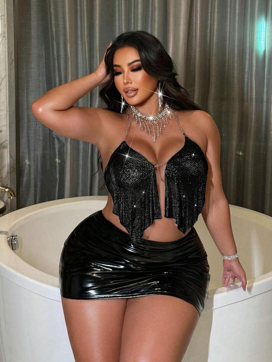 NU&NOW Áo crop top không tay đính sequin và dây xích kim loại gợi cảm dành cho phụ nữ ngoại cỡ, mặc dự tiệc - màu đen - Xem 1