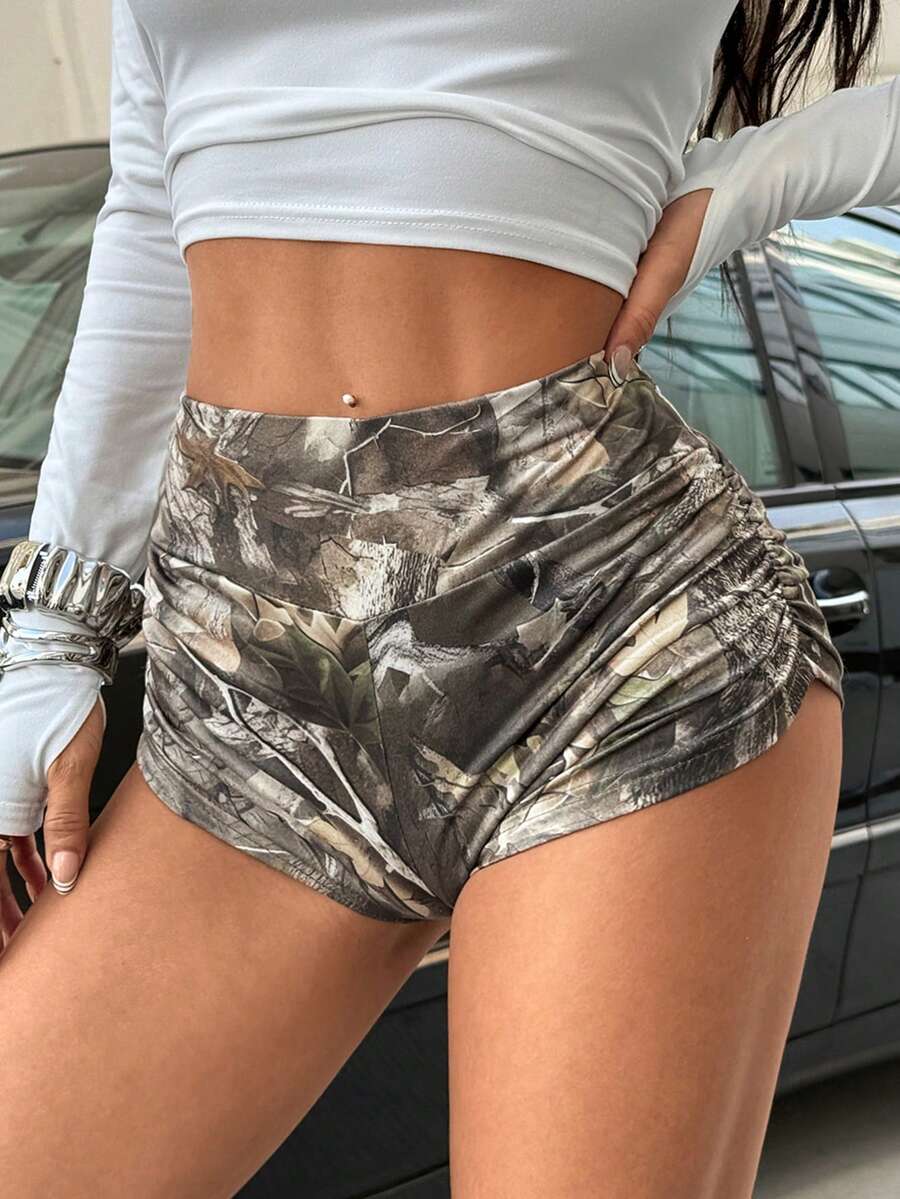 SHEIN EZwear Short de cyclisme super court en tricot avec imprimé branche d'arbre pour femmes