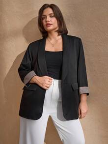 Chikora Áo khoác blazer nữ cỡ lớn kẻ caro phối nhiều màu sắc, kiểu dáng thường ngày, đa năng, thích hợp đi làm, trang phục công sở cho nữ, áo công sở cho nữ. - màu đen - Xem 5