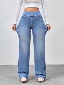 SHEIN Unity Jeans rectos de cintura alta lavados de estilo casual para mujer - Azul - Ver 3