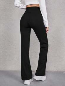 SHEIN EZwear 女士休闲百搭黑色喇叭字母刺绣贴片保暖内衬裤，适合秋冬季节、街头风、外出、运动、时尚百搭 - 黑色 - 查看 2
