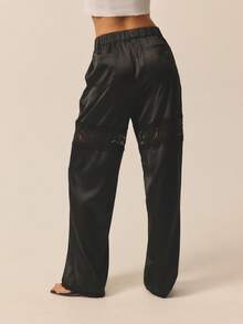 Aralina Pantalones relajados de cintura alta con inserto de encaje, elegantes para fiestas de Navidad, Año Nuevo y Acción de Gracias - Negro - Ver 2