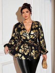 Cravure Áo cánh tay dài cổ chữ V họa tiết lá vàng đen tương phản cỡ lớn dành cho nữ - Vàng - Xem 6