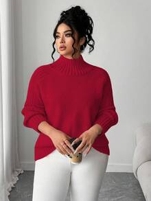 Elenzga Áo len cổ lọ tay dài dáng rộng thoải mái cho nữ, cỡ lớn, phù hợp làm áo khoác ngoài mùa thu/đông - Đỏ - Xem 1