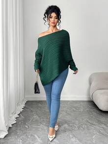 SHEIN Elenzya Áo len chui đầu dáng rộng vai chéo thanh lịch tinh tế cỡ lớn - màu xanh lá - Xem 5