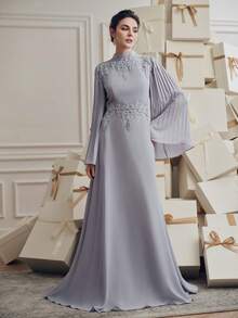 Anewsta Elegant Lightweight Gray Stand Collar Applique Sleeve Pleated Waist Flowing Long Sleeve Dress For Women, Spring/Summer - Light Grey - View 6