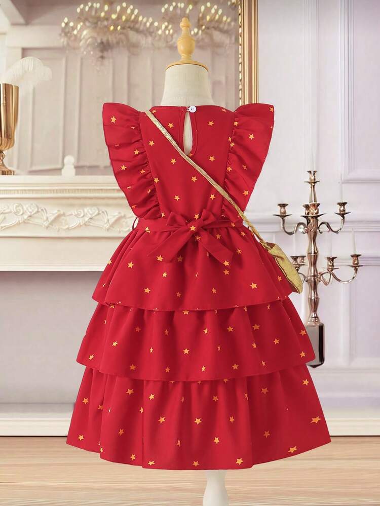 رمضان فستان بأكمام قصيرة مطبوع بنجوم ذو ألوان متباينة للفتيات الصغيرات - الأحمر - مشاهدة 2