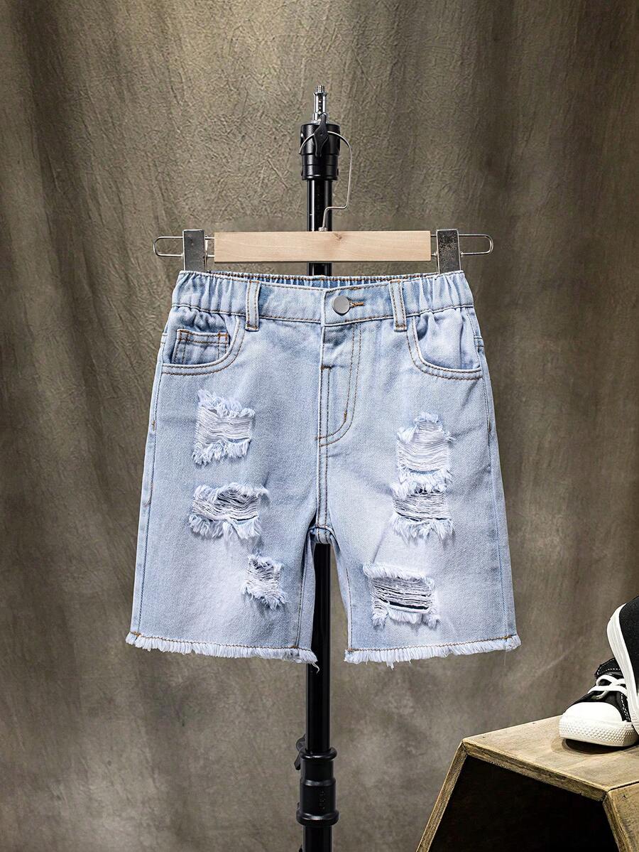 SHEIN 男童浅蓝色做旧毛边时尚休闲牛仔短裤，夏季