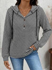 SHEIN LUNE Casual Minimalist Black & White Striped Waffle Knit Sweatshirt Sweatshirt, Suitable For Autumn/Winter Carnival - Multicolor - View 3