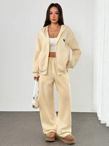 SHEIN PETITE Women's Casual Loose Zip-Up Long Sleeve Top And Pants 2 Pieces Set,Fall,Fall Clothes For Women Yellow - Light Yellow - View 8