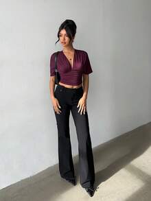 Aloruh Lila stickad topp med v-ringning och kort ärm, enfärgad pendlartröja - Blåröd - Visa 4