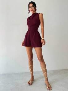 Firerie Women's Elegant Minimalist Delicate Romantic Sweet Daily Commute Wedding Party Music Festival Vacation Pleated A-Line Mini Dress Romper, Red - Maroon - View 8