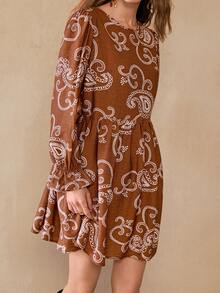 Florisole Women's Casual Loose Bohemian Embroidered Paisley A-Line Mini Dress, Spring/Autumn - Coffee - View 1