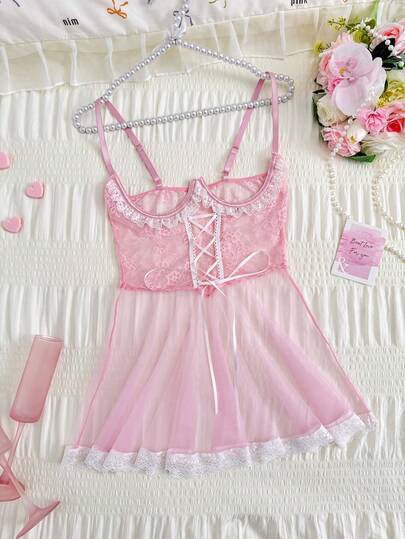 Valentine's Day Women's Pink Sweet Lace Patchwork Sexy Nightgown