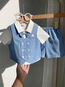 SHEIN 男婴绅士风三件套服装：蓝色背心外套、松紧腰短裤、领结衬衫，适合生日派对、锐舞派对、晚宴、演出、婚礼、迎婴派对、一周岁生日庆祝等场合。 - 彩色 - 查看 7