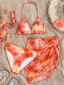 SHEIN Teen GirlElegant Printed Spaghetti Strap Bikini - Orange - View 3