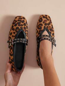 SHUZIA Giày búp bê nữ Mary Jane mũi vuông cổ chữ V bằng da lộn in họa tiết da báo, quai cài đôi – Phong cách tự tin, thoải mái và nổi bật. - Nhiều màu - Xem 6