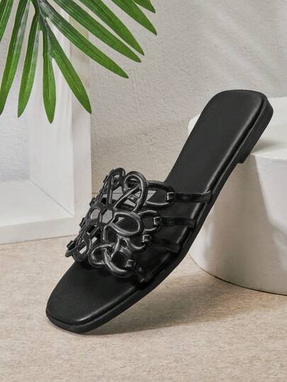 SHUZIA #UrbanLuxe moderna, svarta sandaler i veganskt läder med fyrkantig tå och konstnärlig ihålig design för kvinnor – Eleganta, minimalistiska och otroligt eleganta för alla tillfällen.