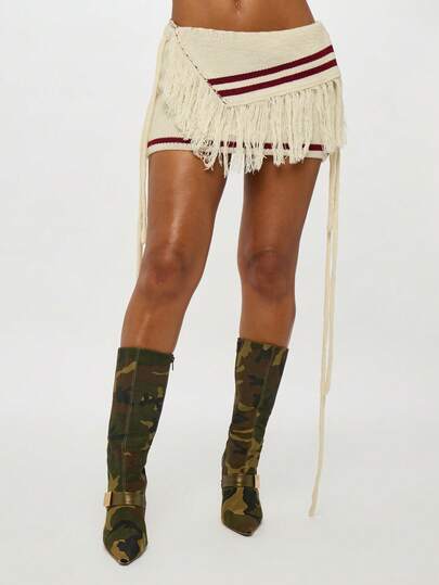 SUMWON Plus Size Knit Asymmetric Mini Skirt With Number 19 Print And Side Fringe Tie Detail Casual Style