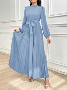 Modelyn Mock Neck Long Lantern Sleeve Pleated Hem Belted Modest Dress Long Evening Dresses