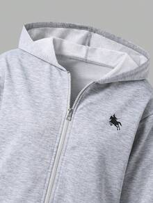 SHEIN Sparklyn 三件套少女休闲套装，包括带马图案的连帽拉链卫衣、白色背心和松紧腰直筒裤，秋季款 - 灰色 - 查看 8