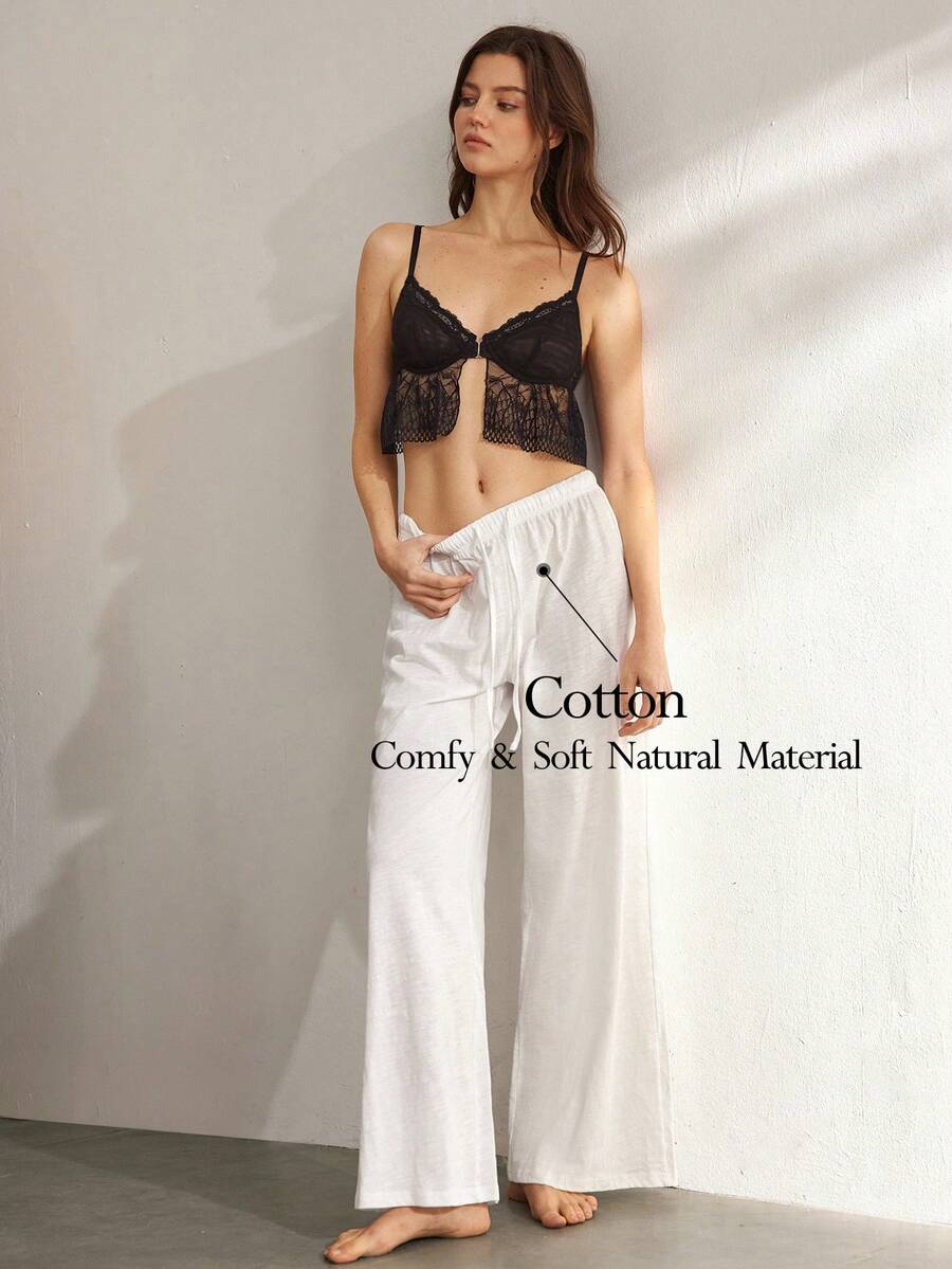 Ocili Women's Loose Fit Bamboo Knit Drawstring Ankle Length Pants, Comfortable Cotton Loungewear Bottom - White - View 1