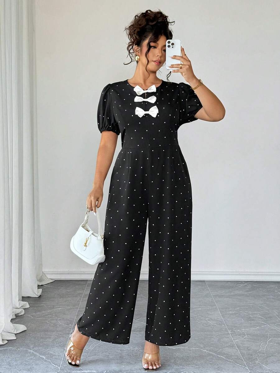Elenzga Tuta casual a pois da donna taglie forti, elegante stile francese, per la Festa di San Valentino, con fiocco decorativo, collo rotondo, maniche a palloncino, vita stretta, effetto snellente - nero - Visualizzare 1
