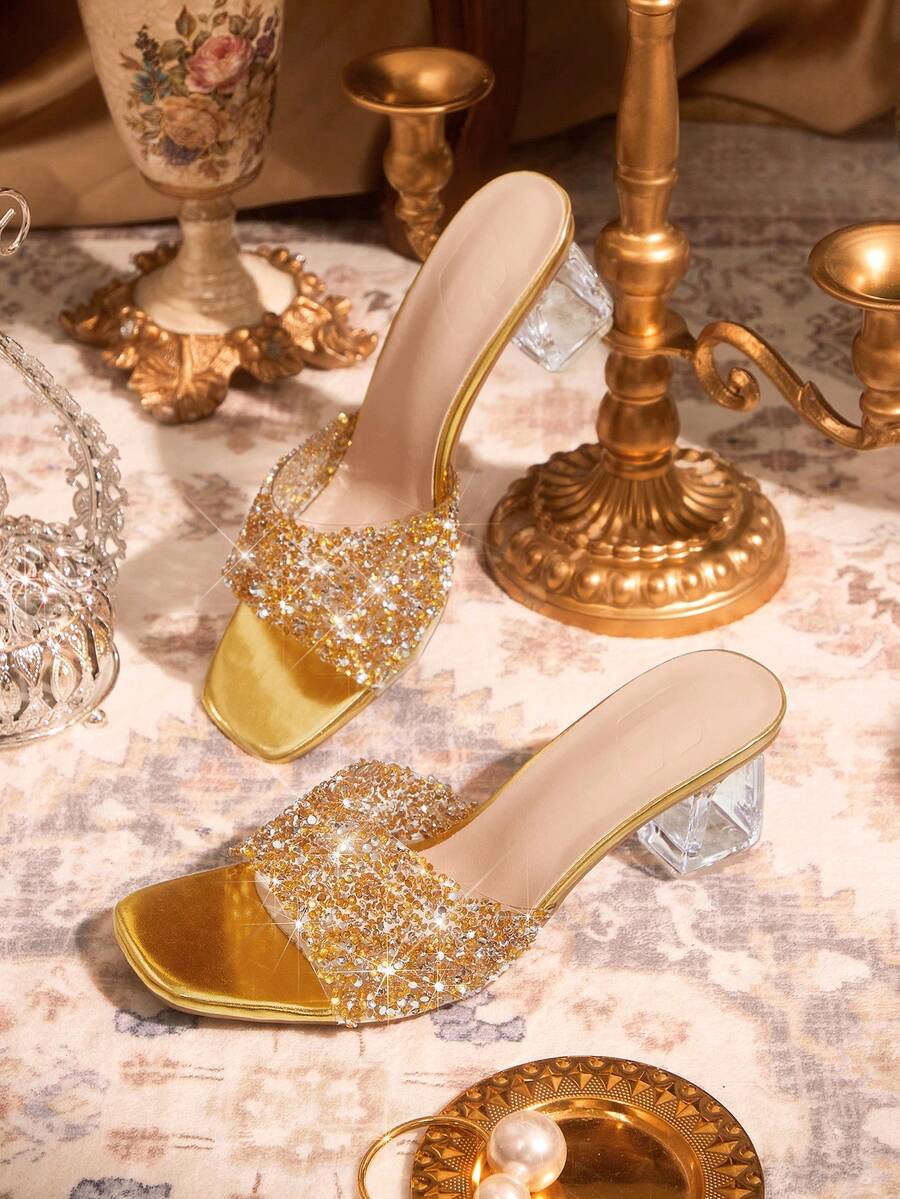 CUCCOO TILAWA Sparkling Water Diamond Women's High-Heeled Sandals With Water Diamond Hollowed-Out Design And Transparent Crystal Design, Featuring A Luxurious Style For Spring And Summer - Gold - View 1