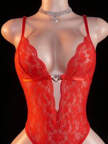 Floral Lace Criss Cross Teddy Bodysuit Lingerie Bridallingerie - Red - View 4