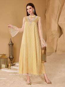 Al Najma Fashionable New Luxury Elegant Beaded Mesh Women's Arabic Style Dress - Yellow - View 5