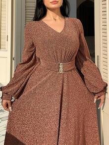 Dazy Plus Vestido elegante de manga larga con cuello en V ajustado y elástico, estilo Gugu, adecuado para banquetes, citas, fiestas, primavera/otoño