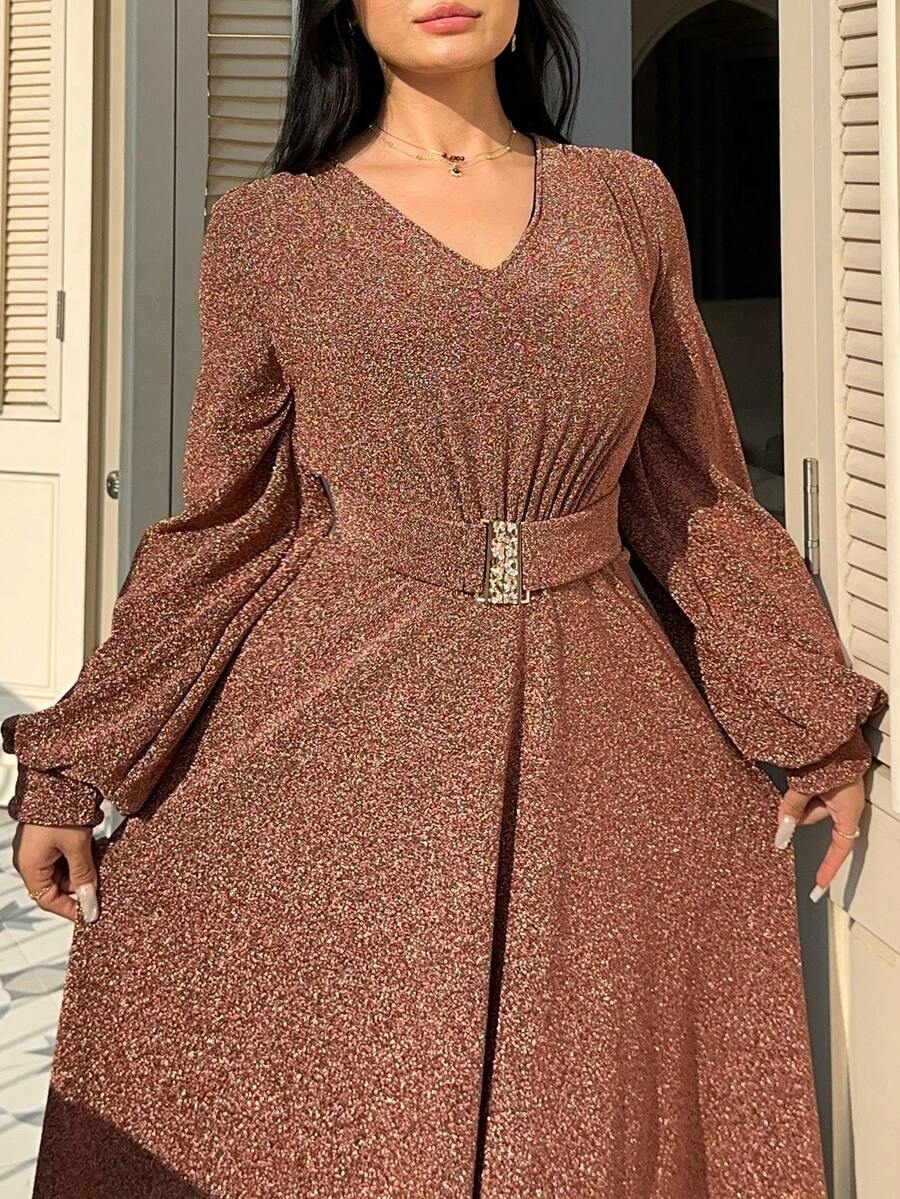 Dazy Plus Vestido elegante de manga larga con cuello en V ajustado y elástico, estilo Gugu, adecuado para banquetes, citas, fiestas, primavera/otoño