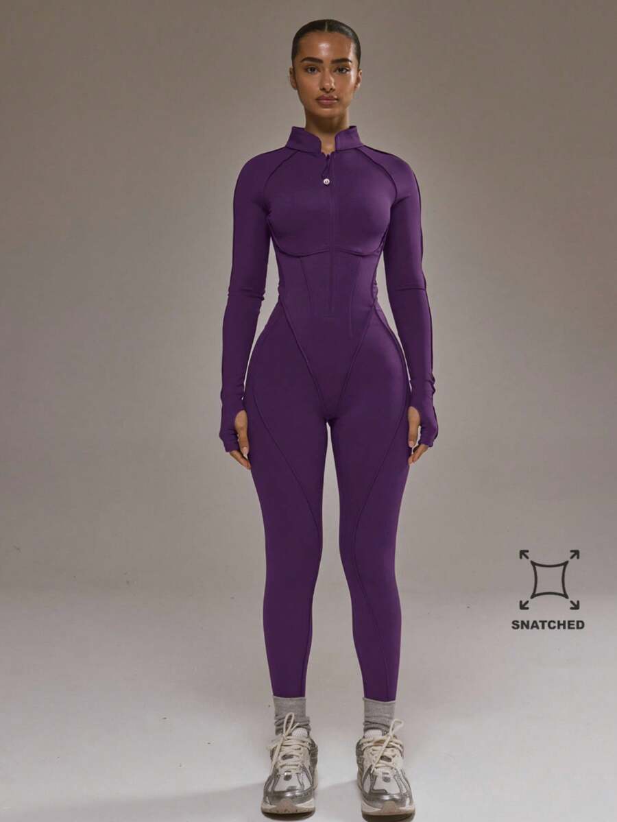 Musera Sport 撞色滚边拉链露背修身长袖连体裤，适合板式网球、秋季、冬季运动健身等场合。 - 紫色 - 查看 1
