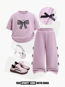 JNSQ 2pcs/Set Young Girls' Round Neck Short Sleeve Sweatshirt With Bow Print & Sweatpants, Spring/Summer - Pink - View 1